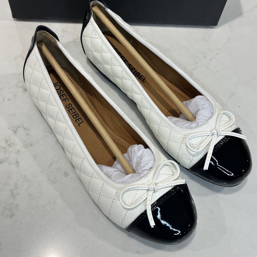Josef Seibel Pippa‎ White Black Quilted Cap Toe Leather Ballet Flats EU 37 6-6.5